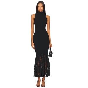 Saylor Black Ribbed Mock Neck Maxi Dress Floral Eyelet Lace Hem XS